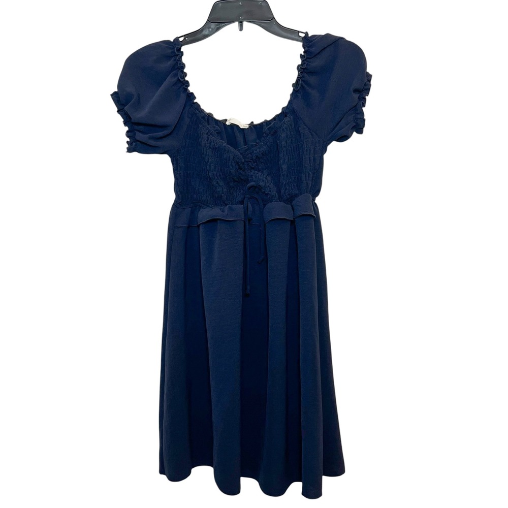 Shirred Smocked Bodice Dress Navy‎ Blue Babydoll Mini Dress Made in USA Size M
